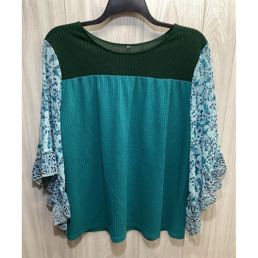 UNBRANDED Women's (Size 3XL) Long Ruffle Sleeve Round Neck Color‎ Block Shirt